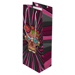 Gesneden-hout-look suikerschedel w / Floral Crown Wijn Cadeautas