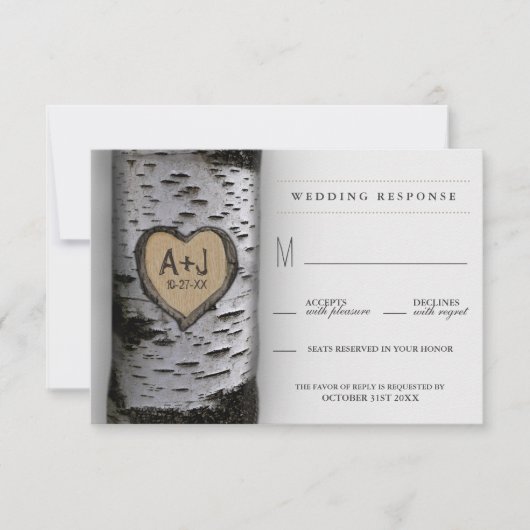 Gesneden Initialen Birch Tree Wedding RSVP Kaarten (Voorkant)