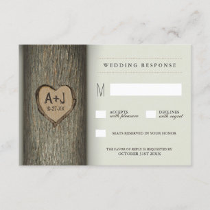 Gesneden Initialen Hart Oak Tree Wedding RSVP Kaar Kaartje