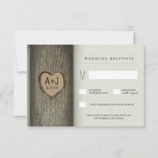 Gesneden Initialen Hart Oak Tree Wedding RSVP Kaar Kaartje (Voorkant)