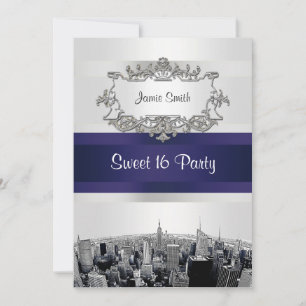 Gesneden NYC-silhouet 2 Wit, Blauwe Lint Sweet 16 Kaart