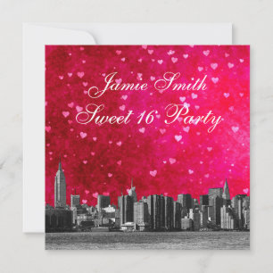 Gesneden NYC-silhouet Hot Pink Rode Hart Sweet 16 Kaart