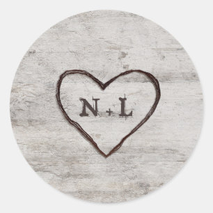 Gesneden Sweethearts Rustieke Berk Monogram Bruilo Ronde Sticker