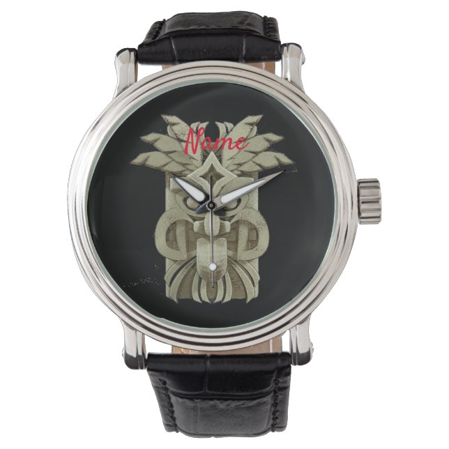 Gesneden Tiki Beeldhouwwerk Donder Horloge (Voorkant)