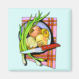 Gesneden uien en aardappelen magneet