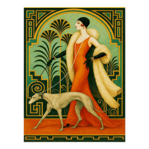 Gesofisticeerde Deco Dame met Greyhound Poster/ Perfect Poster