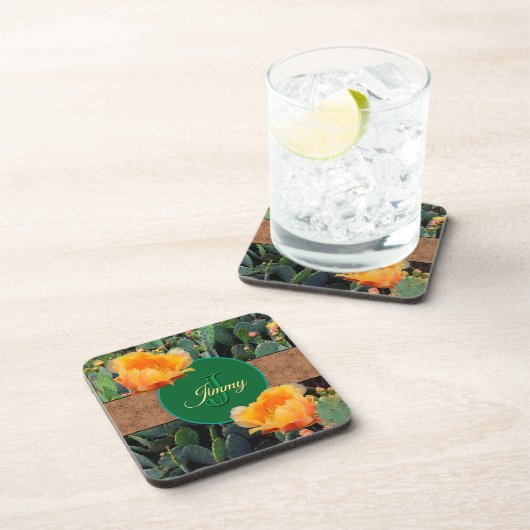 Gespecialiseerde Oranje monogram Prickly Pear Cact Bier Onderzetter (Rechterzijde)