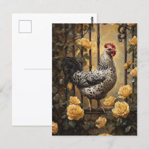 Gespikkelde Hen met Gele Rozen Olie Schilderij Briefkaart