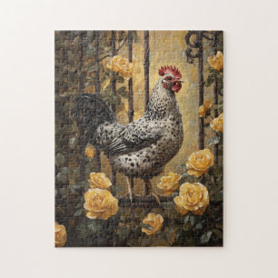 Gespikkelde Hen met Gele Rozen Olie Schilderij Legpuzzel