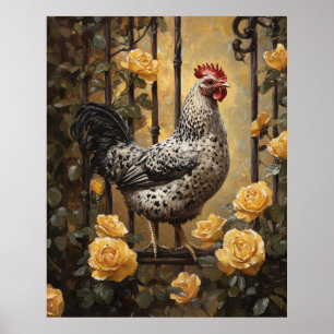 Gespikkelde Hen met Gele Rozen Olie Schilderij Poster