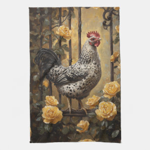 Gespikkelde Hen met Gele Rozen Olie Schilderij Theedoek