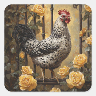 Gespikkelde Hen met Gele Rozen Olie Schilderij Vierkante Sticker