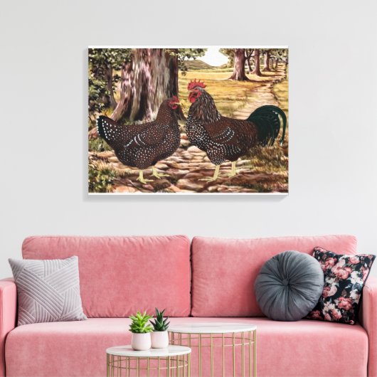 Gespikkelde Sussex Haan en Hen in bosrijke omgevin Canvas Afdruk (Insitu (Woonkamer))