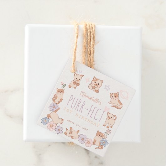 Gesponnen-effect Schattige Cats Bloemen Meisje 1e  Bedankjes Labels (In situ)