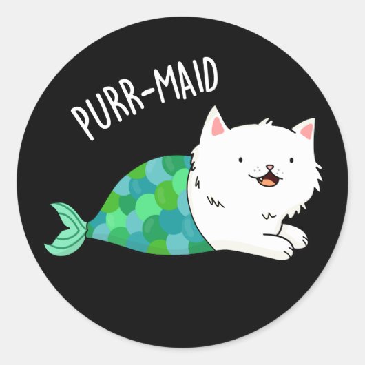 Gesponnen grappige Kitty Cat Mermaid Pun Dark BG Ronde Sticker (Voorkant)