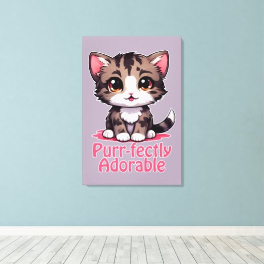 Gesponnen-perfect Schattig Chibi Kawaii Kitten in Canvas Afdruk (Insitu (Houten vloer))