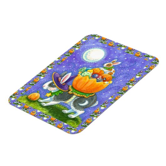 GESTAPELDE HALLOWEEN KONIJNTJES, SNOEPMAÏS, KLEURR MAGNEET (Linkerzijde)