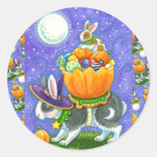 GESTAPELDE HALLOWEEN KONIJNTJES, SNOEPMAÏS, KLEURR RONDE STICKER