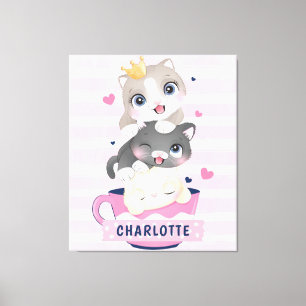 Gestapelde Moppige Cartoonkatten Roze Afgeplatte S Canvas Afdruk