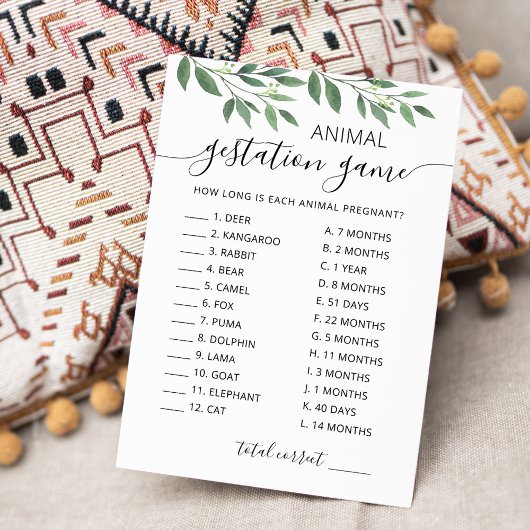 Gestation animale avec réponse Carte Baby shower