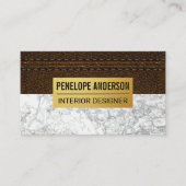 Gestikte bruine leer | Goud metaal | Witte marmer Visitekaartje (Voorkant)