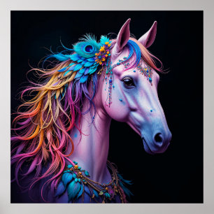 Gestileerd portret van een paard met golvende mane poster
