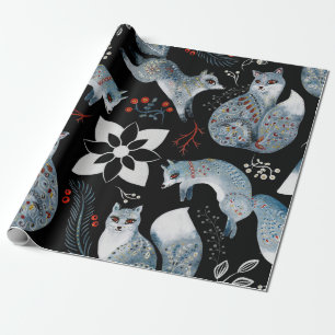 Gestileerde blauwe vossen met ingewikkelde bloemmo cadeaupapier