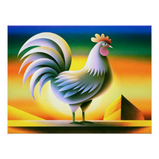 Gestileerde haan tegen levendige zonsondergang perfect poster