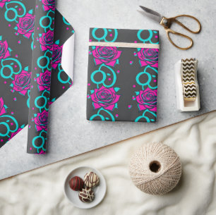 Gestileerde rozen in helder turquoise en roze cadeaupapier