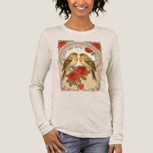 Gestileerde vogels en rode rozen Art Nouveau Tri-Blend Shirt