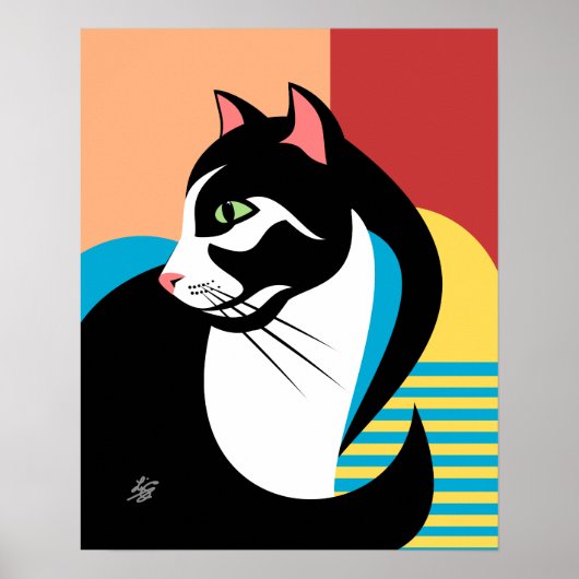 Gestileerde zwart-wit kat kunst poster (Voorkant)
