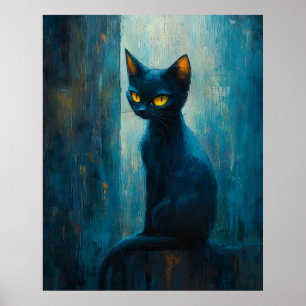 Gestileerde Zwarte Kat in Sfeervolle Kwastvoering Poster