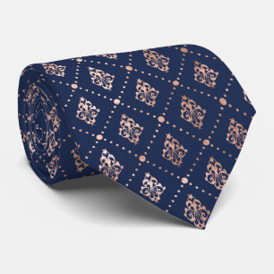 Gestippeld botanisch patroon roze goud marineblauw stropdas