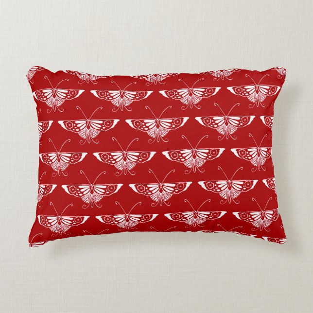 Gestormde Deco-vlinder - donkerrood en wit Accent Kussen (Voorkant)