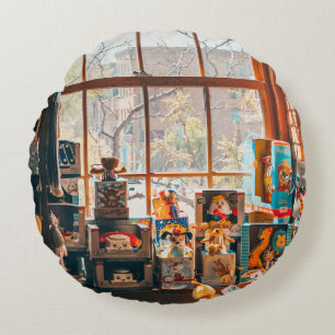 GESTORTE PLUSH TOYS OP BROWN WOODEN SHELF ROND KUSSEN