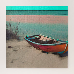 Gestrandde boot op een zandstrand AI gegenereerd Legpuzzel
