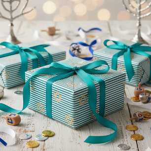 Gestreept Diep Teal Joods Gouden Ster van David Cadeaupapier