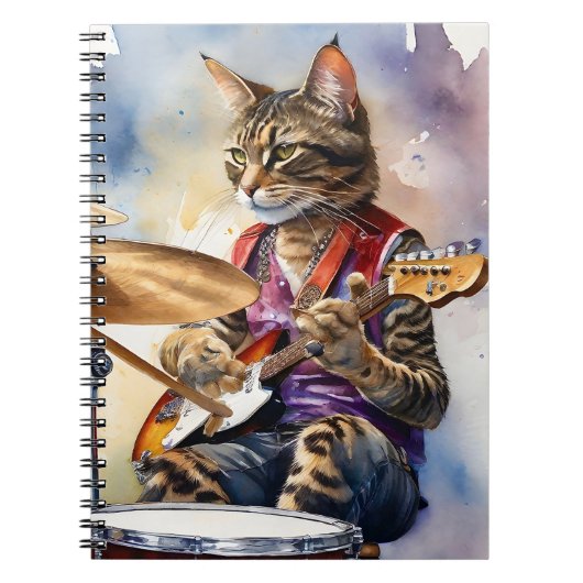 Gestreept Grijs Tabby Cat Rock Star Gitaar spelen Notitieboek (Voorkant)