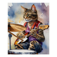 Gestreept Grijs Tabby Cat Rock Star Gitaar spelen
