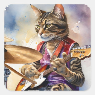 Gestreept Grijs Tabby Cat Rock Star Gitaar spelen Vierkante Sticker