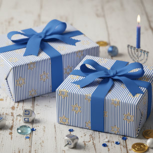 Gestreept Helderblauwe Joodse Gouden Davidster Cadeaupapier