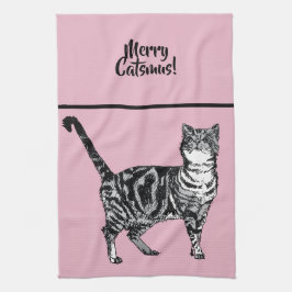Gestreept kat Merry Catsmus Roze Kerstkatten Theedoek