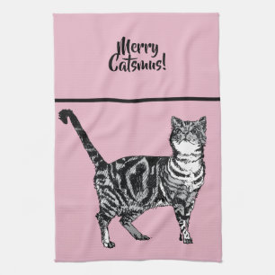 Gestreept kat Merry Catsmus Roze Kerstkatten Theedoek