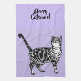 Gestreept kat vrolijk kerstfeest paars lavendel pa theedoek