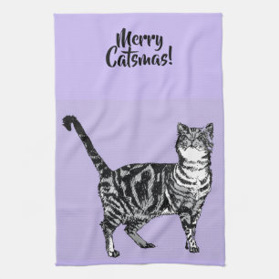 Gestreept kat vrolijk kerstfeest paars lavendel pa theedoek