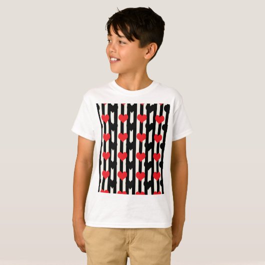 Gestreept Rood Zwart Liefde Hart Patroon Design T-shirt (Voorkant volledig)