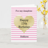 Gestreept Roze en Gouden Hart 17e Verjaardag Kaart (Gele Bloem)