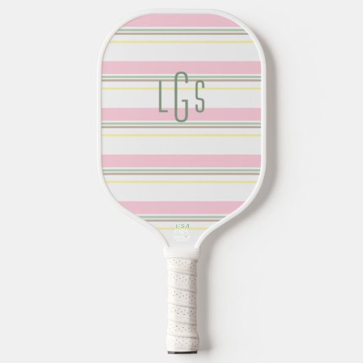 Gestreept Roze Geel Groen Wit Lichtbruin Monogram Pickleball Paddle (Voorkant)
