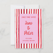 Gestreept Roze & Rode Handgeschrift Save The Date (Voorkant)