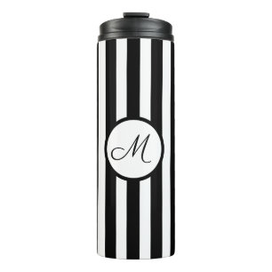 Gestreept zwart wit goud monogram thermosbeker
